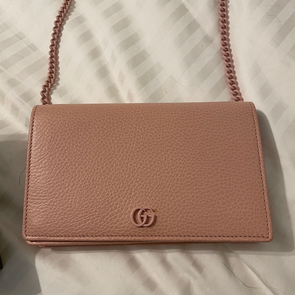 Pink Gucci Marmont chain crossbody